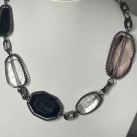 chunky chain link necklace black gray clear faux jewels in silver tone setting - Picture 8 of 10